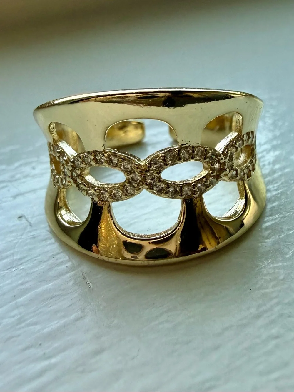 NEW! 18k Yellow Gold Plated Openwork Link CZ Accent Wide Band Ring